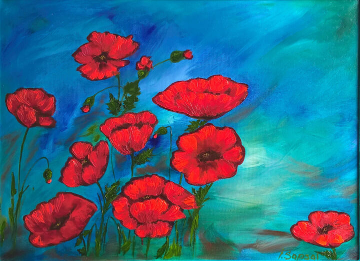 Malarstwo zatytułowany „Red poppies canvas…” autorstwa Iryna Sapsai, Oryginalna praca, Olej