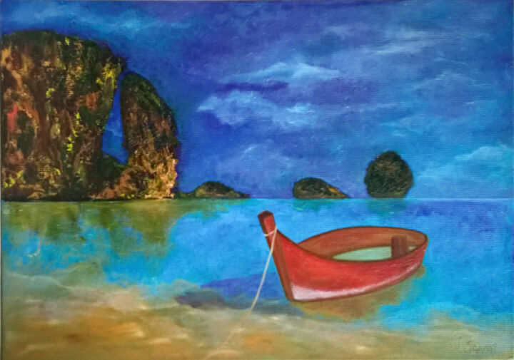 Painting titled "Sea boat painting.…" by Iryna Sapsai, Original Artwork, Oil