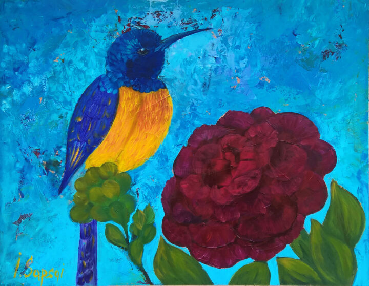 Картина под названием "Hummingbird portrai…" - Iryna Sapsai, Подлинное произведение искусства, Масло