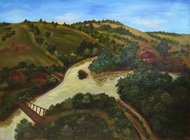 Painting titled "Village landscape p…" by Iryna Sapsai, Original Artwork, Oil