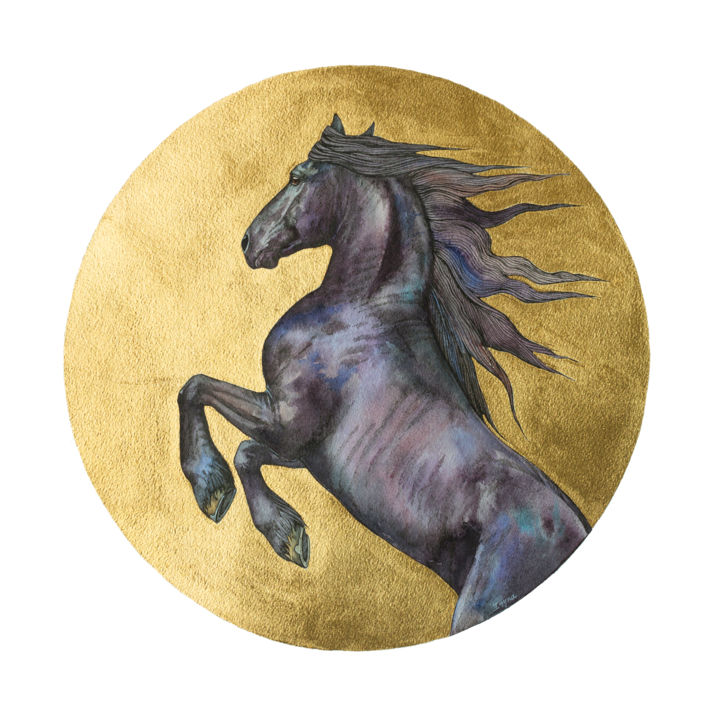 Pintura intitulada "Golden Friesian" por Irynahorseart, Obras de arte originais, Aquarela