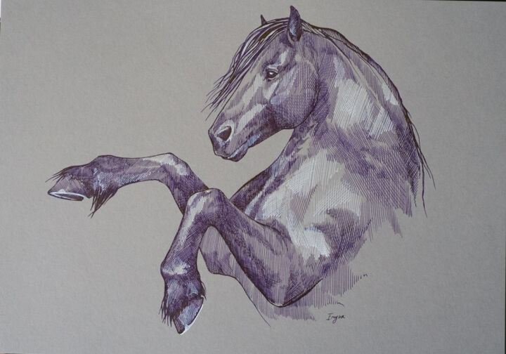 Zeichnungen mit dem Titel "Rearing friesian" von Irynahorseart, Original-Kunstwerk, Tinte