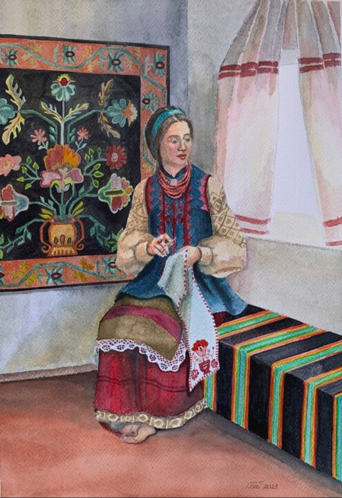 Painting titled "Ukrainian girl in a…" by Iryna Tsai, Original Artwork, Watercolor