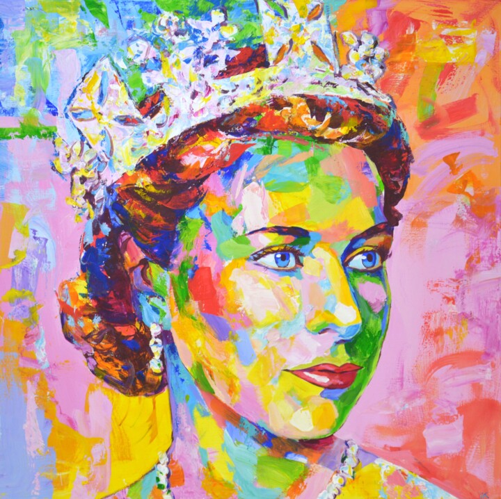 Painting titled "Queen Elizabeth II.…" by Iryna Kastsova, Original Artwork, Acrylic Mounted on Wood Stretcher frame