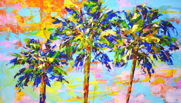 Картина под названием "Palm trees 3" - Iryna Kastsova, Подлинное произведение искусства, Акрил Установлен на Деревянная рама…