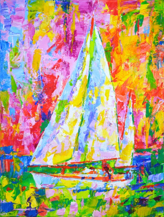 Painting titled "Sailboat 9." by Iryna Kastsova, Original Artwork, Acrylic Mounted on Wood Stretcher frame