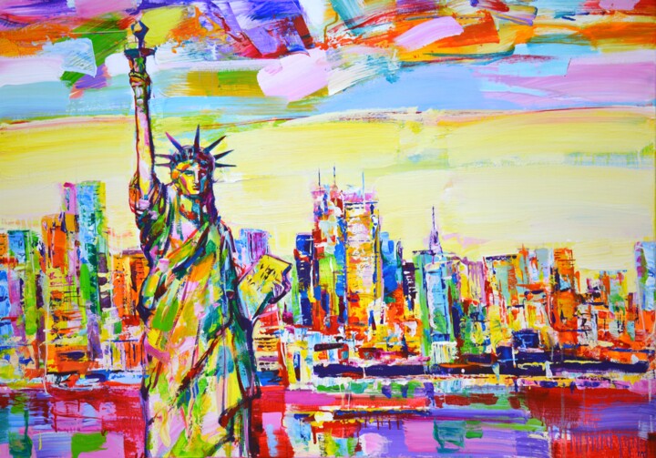 Painting titled "New York. Statue of…" by Iryna Kastsova, Original Artwork, Acrylic Mounted on Wood Stretcher frame