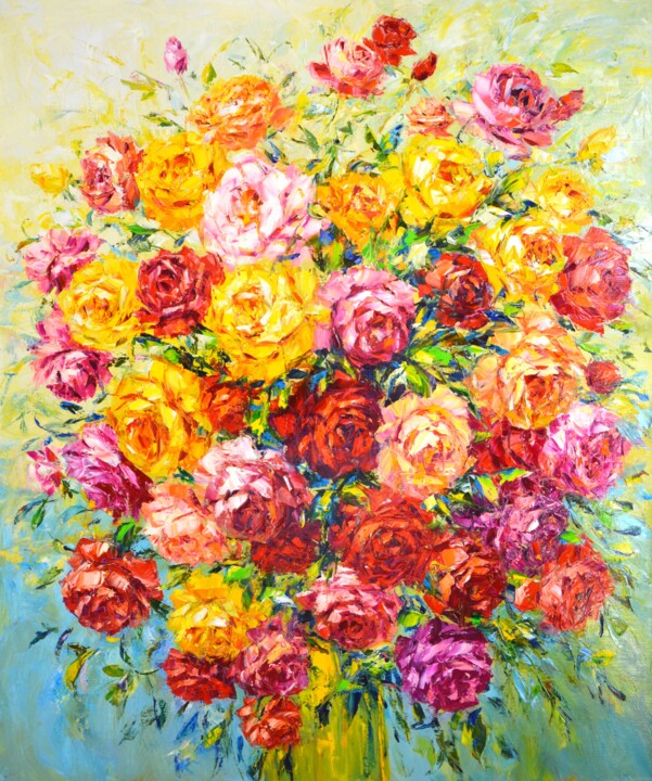 Painting titled "Roses." by Iryna Kastsova, Original Artwork, Oil Mounted on Wood Stretcher frame