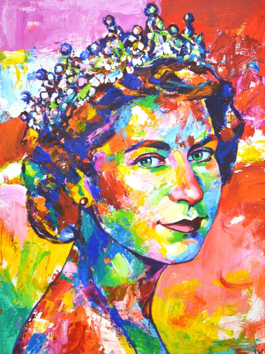 Картина под названием "Queen Elizabeth II(…" - Iryna Kastsova, Подлинное произведение искусства, Акрил Установлен на Деревян…