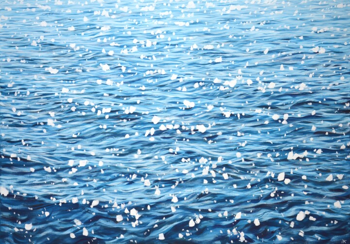 Painting titled "Glare on blue water." by Iryna Kastsova, Original Artwork, Acrylic Mounted on Wood Stretcher frame