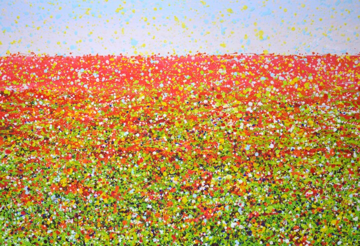 Painting titled "Flower field 9." by Iryna Kastsova, Original Artwork, Acrylic Mounted on Wood Stretcher frame