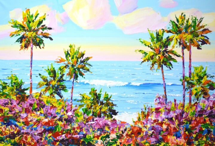 Картина под названием "Palm trees. Ocean.…" - Iryna Kastsova, Подлинное произведение искусства, Акрил Установлен на Деревянн…