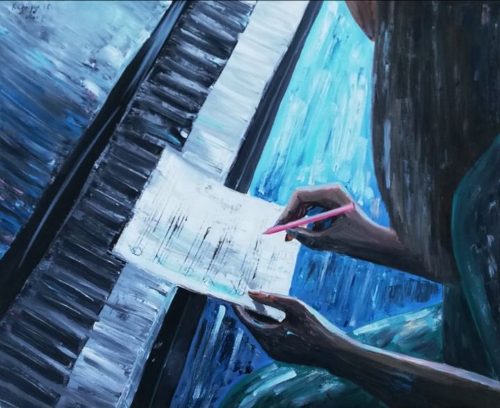 Painting titled "Composer in process" by Iryna Kazmiruk, Original Artwork, Oil Mounted on Wood Stretcher frame