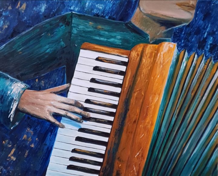 Painting titled "Accordionist" by Iryna Kazmiruk, Original Artwork, Oil Mounted on Wood Stretcher frame
