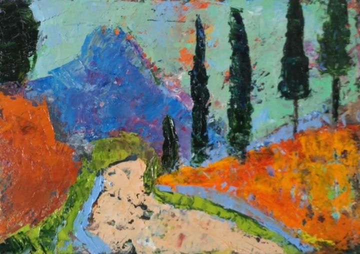 Painting titled ""cypresses" based o…" by Irena, Original Artwork, Oil