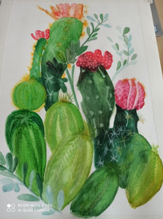 Peinture intitulée "le monde des cactus" par Isa Ferrari, Œuvre d'art originale, Aquarelle