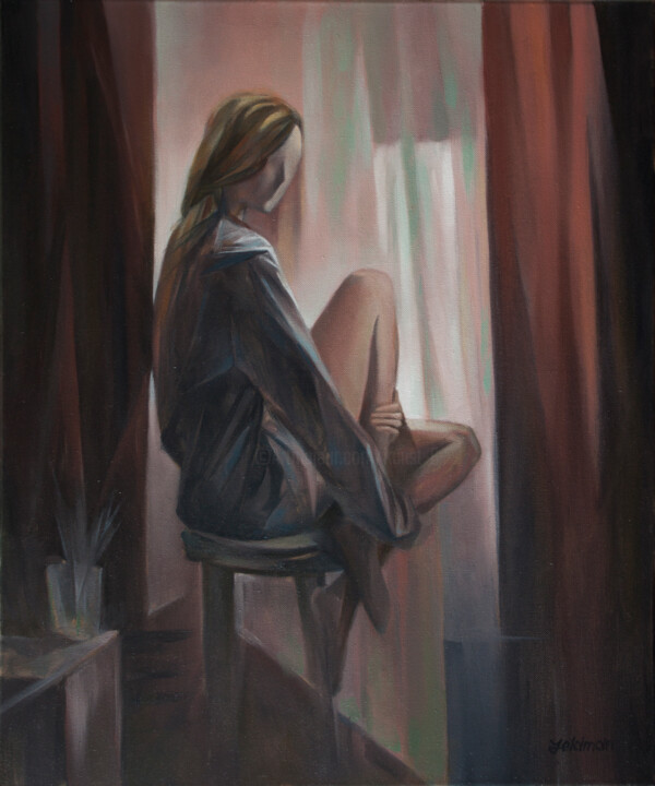 Painting titled "At a window" by Isaac Feldman, Original Artwork, Oil Mounted on Wood Stretcher frame
