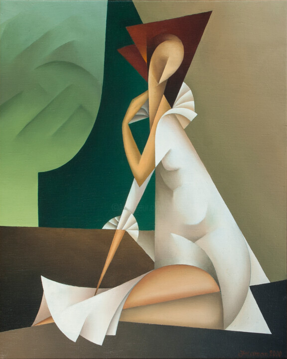 Painting titled "The woman in white" by Isaac Feldman, Original Artwork, Oil Mounted on Wood Stretcher frame