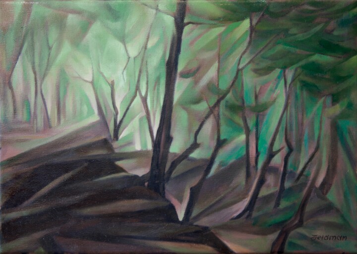 Painting titled "In the forest" by Isaac Feldman, Original Artwork, Oil Mounted on Wood Stretcher frame