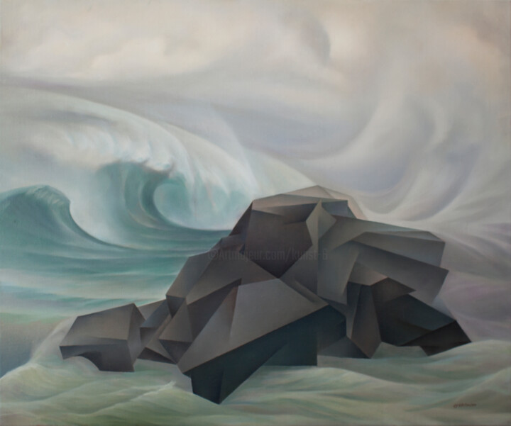 Schilderij getiteld "Stone and waves" door Isaac Feldman, Origineel Kunstwerk, Olie Gemonteerd op Frame voor houten brancard