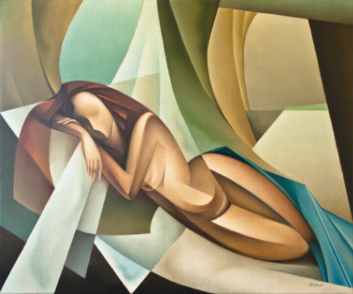 Painting titled "Sleeping Lady" by Isaac Feldman, Original Artwork, Oil Mounted on Wood Stretcher frame