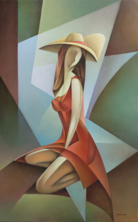 Painting titled "Yellow Hat" by Isaac Feldman, Original Artwork, Oil Mounted on Wood Stretcher frame