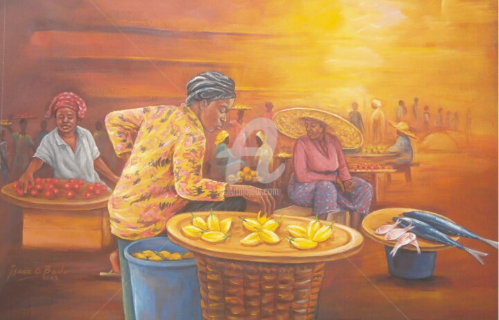 Картина под названием "Street Hawkers" - Isaac Opoku Badu, Подлинное произведение искусства, Акрил