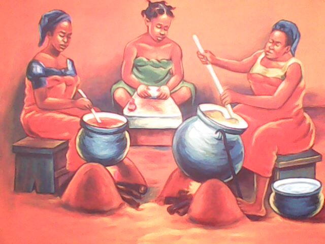 Картина под названием "PREPARING EVENING M…" - Isaac Opoku Badu, Подлинное произведение искусства, Масло