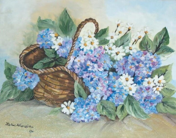 Painting titled "Cesto com hortenses" by Isabel Alfarrobinha, Original Artwork, Oil