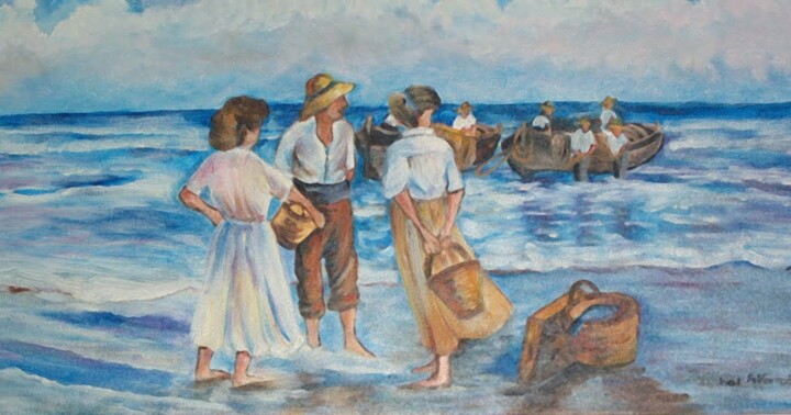 Painting titled "Aguardando os pesca…" by Isabel Alfarrobinha, Original Artwork