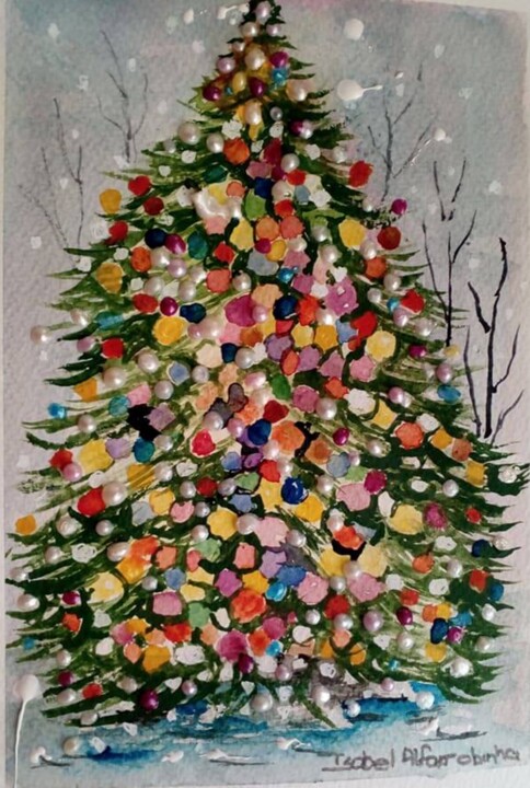 Pittura intitolato "arvore-de-natal.jpg" da Isabel Alfarrobinha, Opera d'arte originale, Acquarello