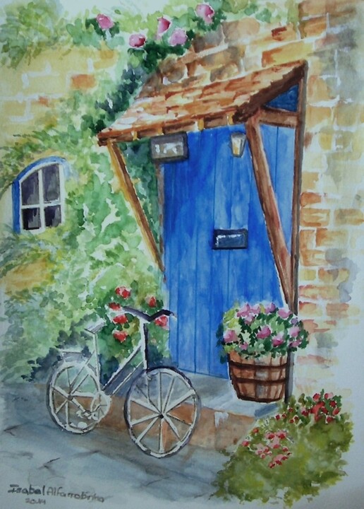 Pittura intitolato "A bicicleta á porta" da Isabel Alfarrobinha, Opera d'arte originale, Acquarello