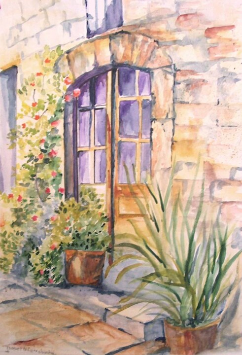 Painting titled "Porta com vasos" by Isabel Alfarrobinha, Original Artwork, Watercolor
