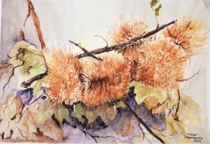 Painting titled "Ouriço dos castanhe…" by Isabel Alfarrobinha, Original Artwork, Watercolor