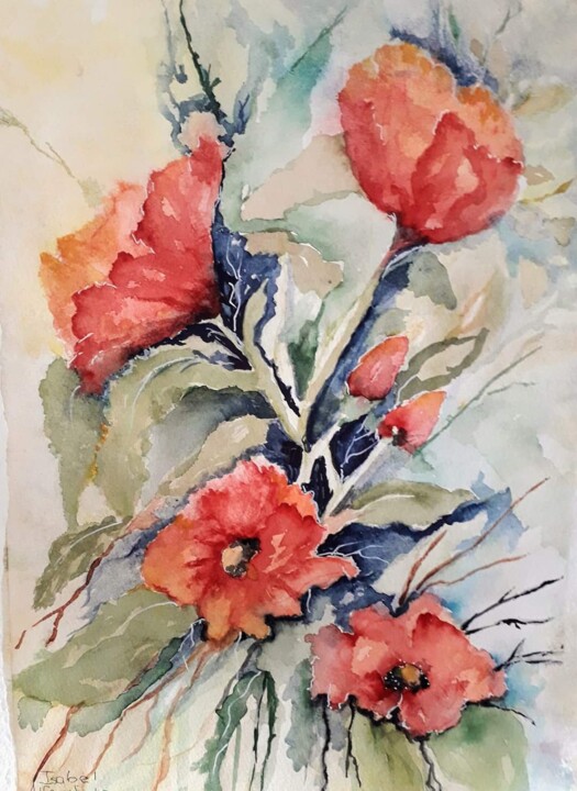 Painting titled "Papoilas" by Isabel Alfarrobinha, Original Artwork, Watercolor