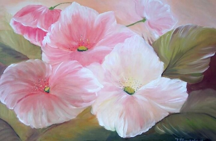 Painting titled "Papoilas rosa" by Isabel Alfarrobinha, Original Artwork, Oil Mounted on Wood Stretcher frame