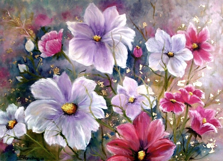 Картина под названием "Flores dos campos n…" - Isabel Alfarrobinha, Подлинное произведение искусства, Масло Установлен на Де…