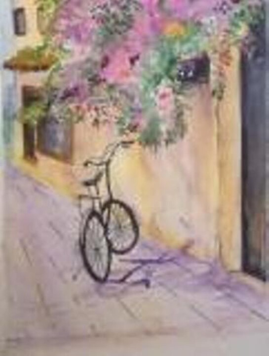 Pintura intitulada "Lá fora está a bici…" por Isabel Alfarrobinha, Obras de arte originais, Aquarela