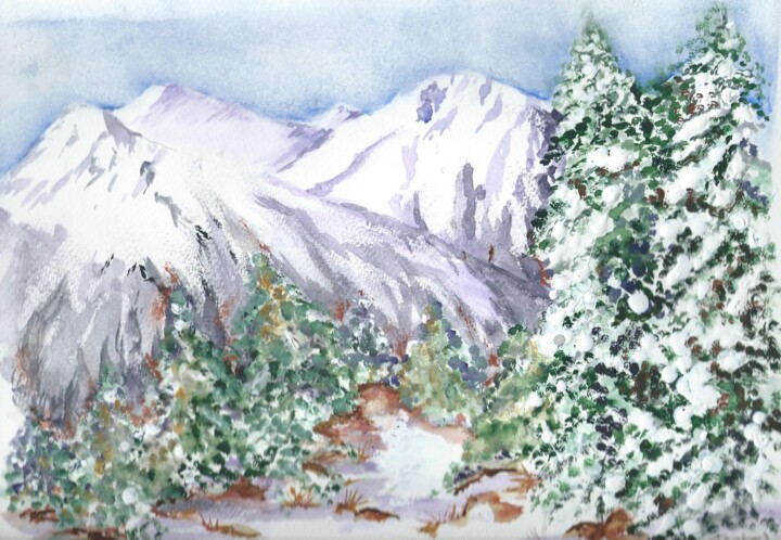 Painting titled "Serra com neve" by Isabel Alfarrobinha, Original Artwork, Watercolor