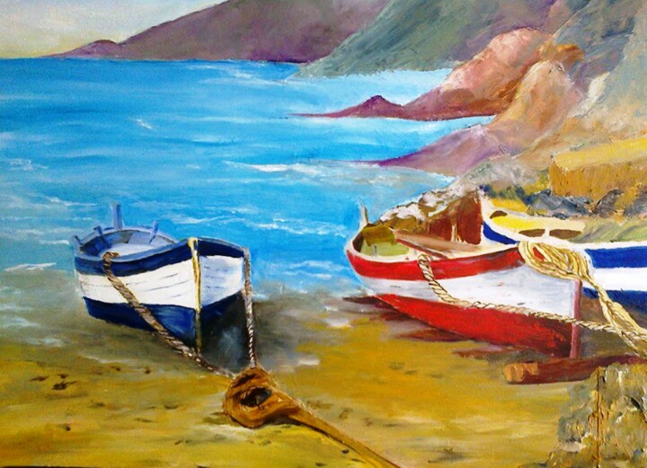 Painting titled "Barcos I" by Isabel Alfarrobinha, Original Artwork, Oil Mounted on Wood Panel