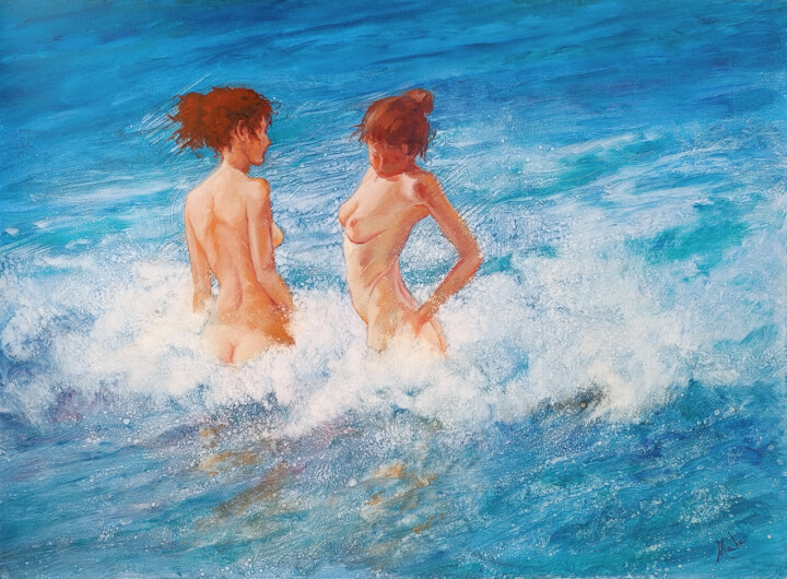 「Dans la Mer bleue」というタイトルの絵画 Isabel Maheによって, オリジナルのアートワーク, オイル ウッドストレッチャーフレームにマウント