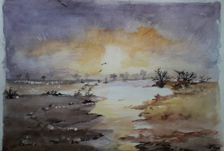 Pintura intitulada "Entardecer" por Isabel Alfarrobinha, Obras de arte originais, Aquarela