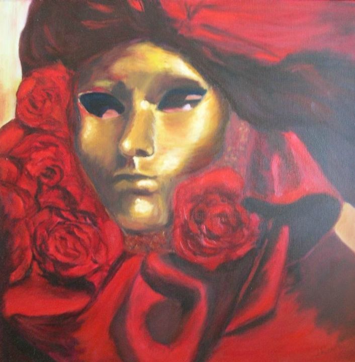Peinture intitulée "Masque aux rose rou…" par Isabelle Rombi, Œuvre d'art originale, Huile