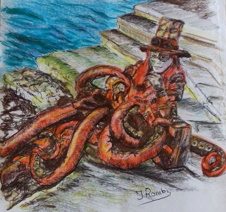 Рисунок под названием "Octopus Steampunk" - Isabelle Rombi, Подлинное произведение искусства, Шариковая ручка