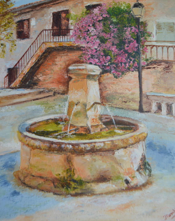 Peinture intitulée "Fontaine au village" par Isabelle Rombi, Œuvre d'art originale, Huile
