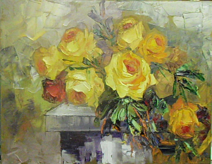 Pintura titulada "trandafiri galbeni…" por Isabela Seralio, Obra de arte original, Oleo