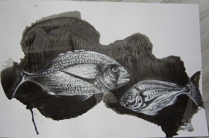 Drawing titled "Les Poissons" by Isabelle Blanc, Original Artwork, Ink
