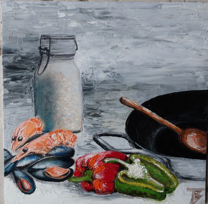 Painting titled "La Paella" by Isabelle Blanc, Original Artwork, Oil Mounted on Other rigid panel