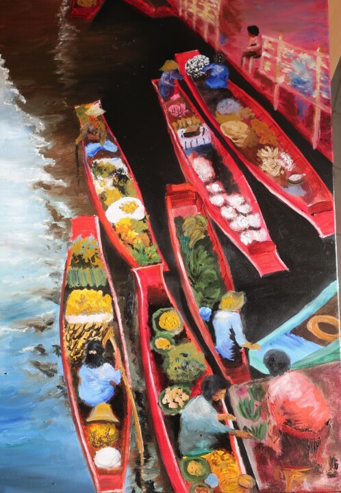 Painting titled "Marché Vietnamien" by Isabelle Blanc, Original Artwork, Oil Mounted on Wood Stretcher frame