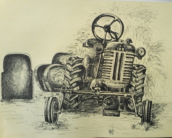 Drawing titled "Le tracteur de Linas" by Isabelle Blanc, Original Artwork, Pencil Mounted on Cardboard